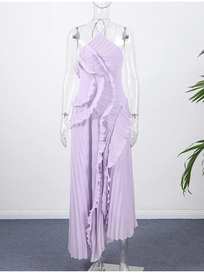 Sexy Halter Neck Pleated Ruffled Long Dress Women Bridesmaids Maxi Dress