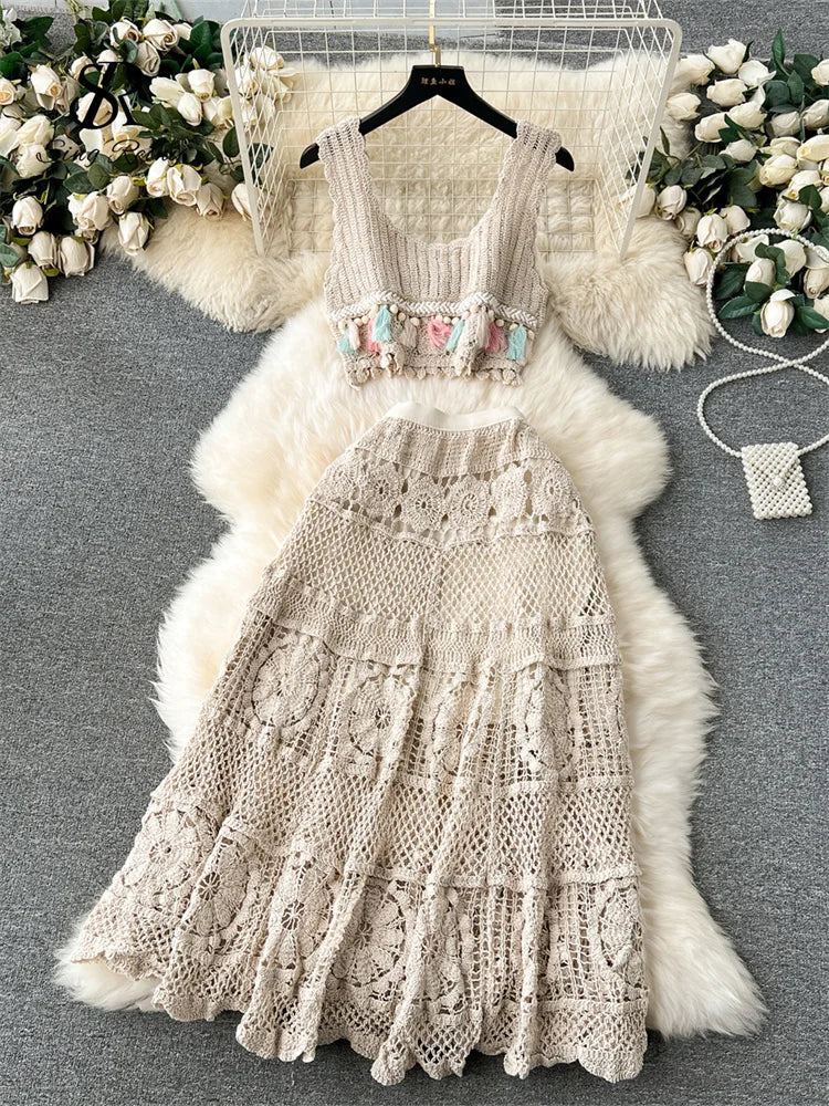 Bohemian Vintage Knit Two Piece Tank Tassels Crop Tops+Loose Hooked Hollow Out Skirt Beach Outfit