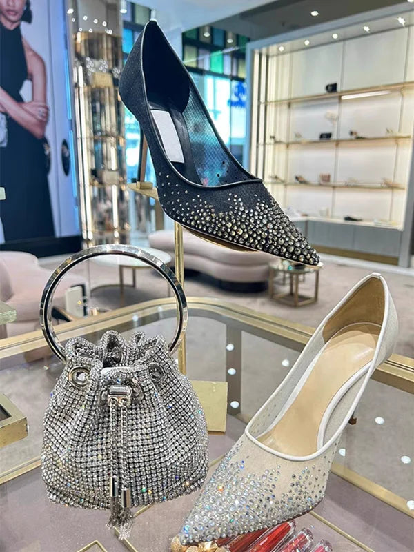 Mesh Pointed Shallow Mouth Sexy Pump Heels Stiletto Shoes Bridal Shoes