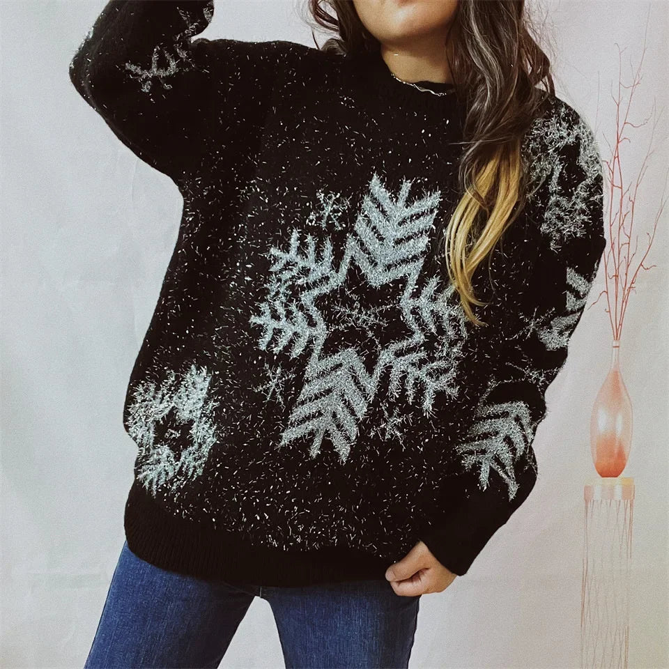 Loose-fit Line Big Snowflake Christmas Sweater Women's Pullover Thickened Crew Neck Sweater