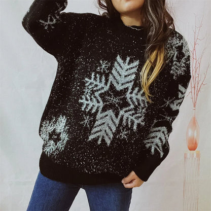 Loose-fit Line Big Snowflake Christmas Sweater Women's Pullover Thickened Crew Neck Sweater