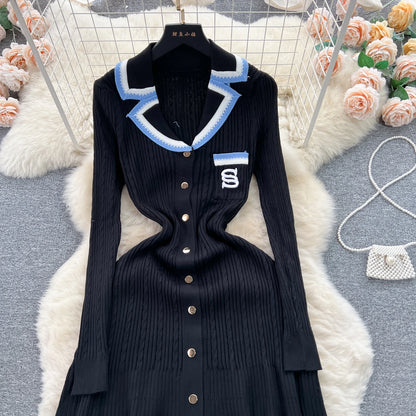 Women Polo Dress Single Breasted Pocket Design Bodycon Knitted Dress Sweater Midi Dress