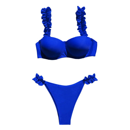 Black Red Push Up Bikinis Sets Ruffled Straps Swimwear Micro Thong Sexy Swimsuit Women Back Bow Bathing Suit