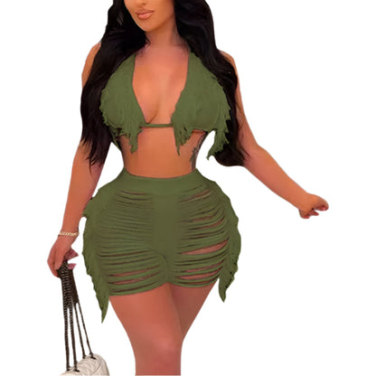 Women Fringe Tassel Bikini Shorts Set Hollow Out Jamaican Crochet Swimwear Summer Beach Knitted Cover Up Swimsuit