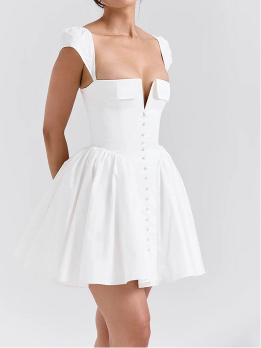 White Backless Sexy Mini Dress For Women Fashion Square Collar Short Sleeve High Waist Sexy Dress