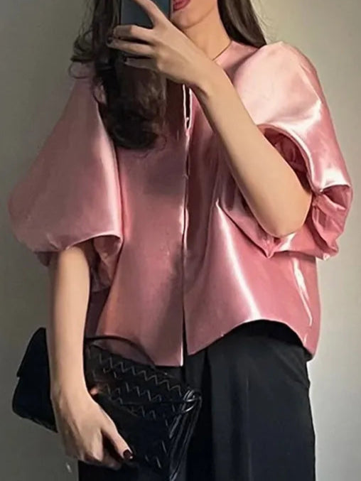 Solid Satin Women's Blouse Top With Pouf Balloon Sleeve O Neck Loose Blouses