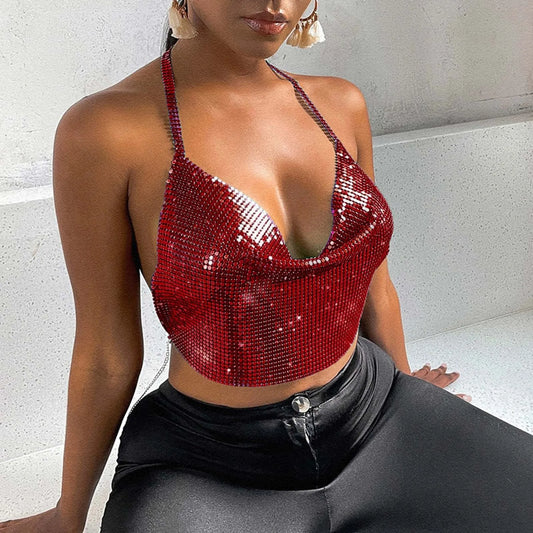 Sexy Sequins Metal Crop Tops Women Suspenders Halter Backless Night Club Tank Top