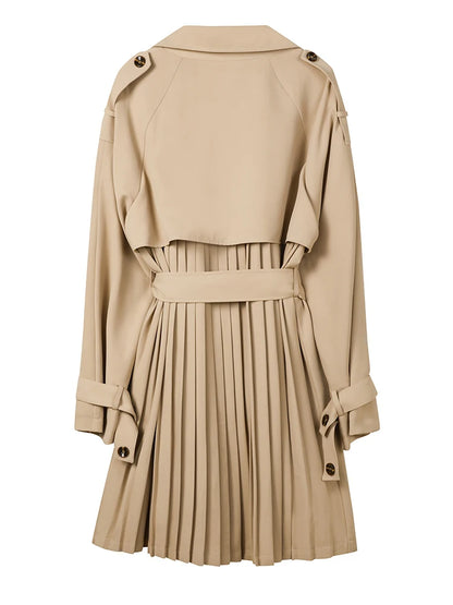 Women Khaki Pleated Elegant Trench New Lapel Long Sleeve Windbreaker Trench Coat