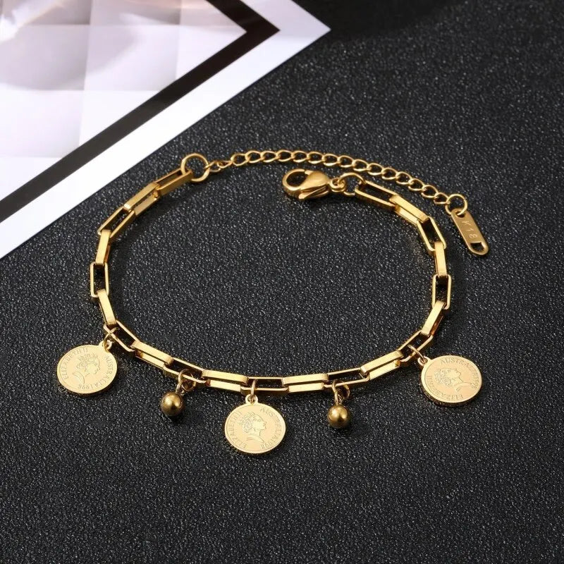 Women 1pcs Gold-color Stainless Steel Round Sign Portrait Pendant Bracelet