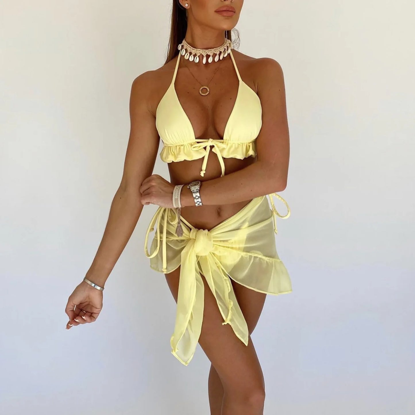 Ruffled Bikini Set Summer Women Swimwear Swimsuit Three-Pieces Bikini Set Female Bather Bathing Suit