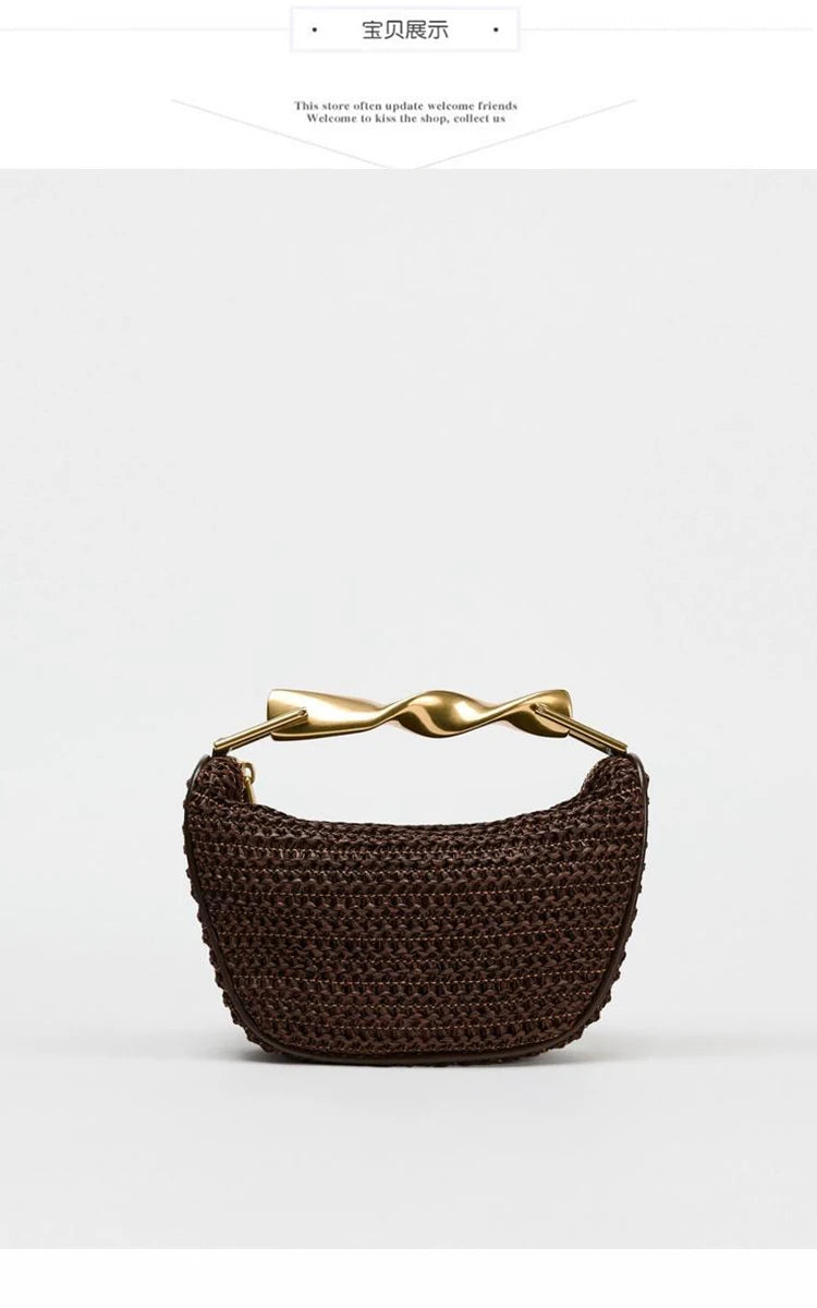 Summer Rattan Half-Moon Beach Straw Shoulder Bags Women's Straw Bucket Bag Purse Woven Straw Handbags Casual Tote Crossbody Bag