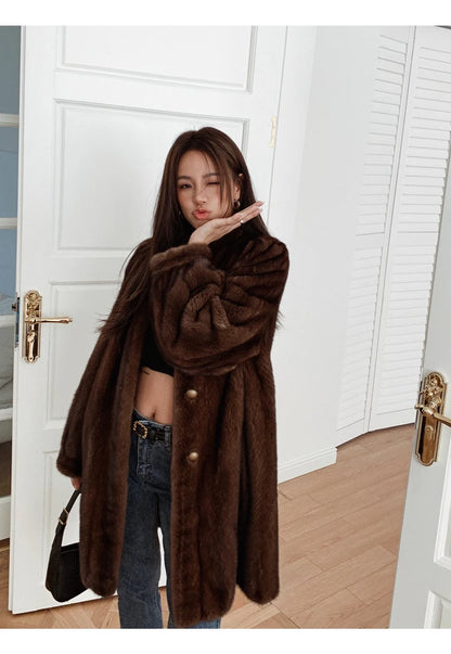Brown Thick Warm Soft Faux Mink Fur Coat Women Puff Sleeve Stand Collar Fluffy Jacket