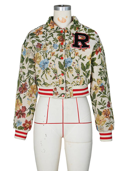 Flower Print Coat Crop Tops Women Lapel Long Sleeve Button Baseball Jacket