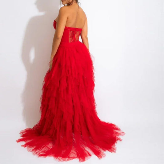 Sexy Tulle Cascading Ruffles Evening Long Dresses for Women Elegant Off Shoulder Strapless Lace Maxi Dress Ball Gown