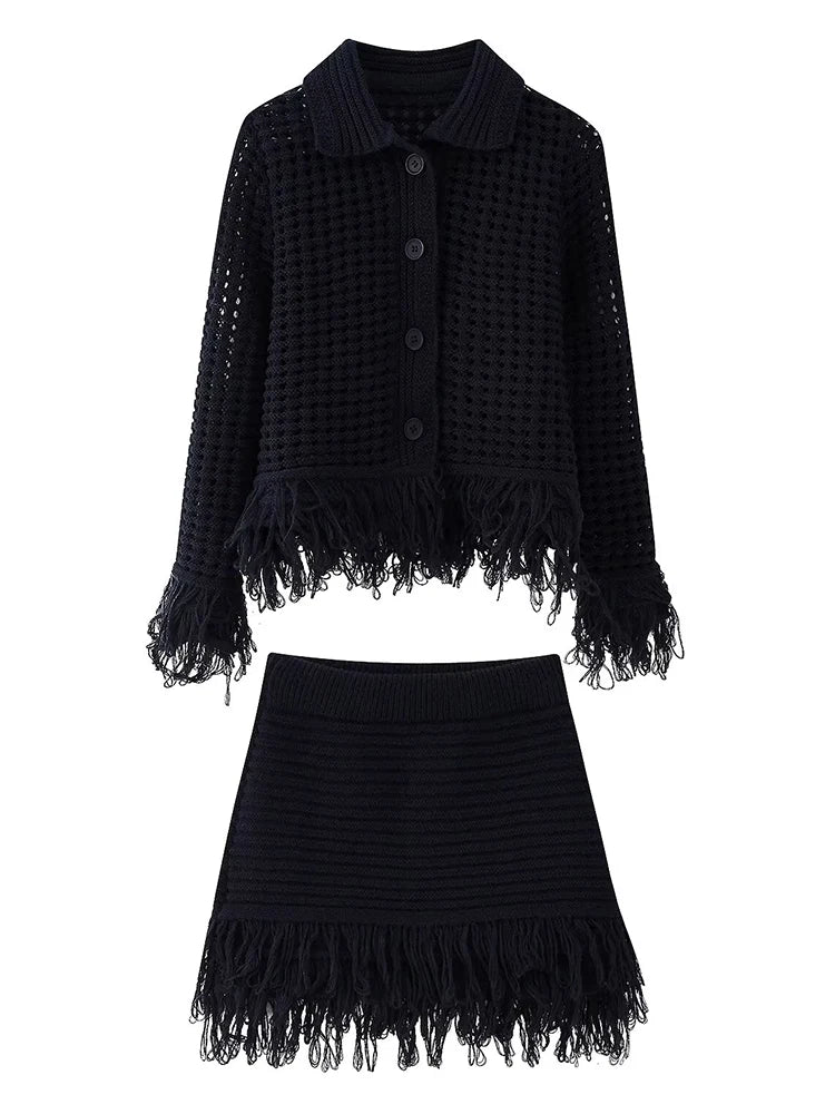 Vintage Women Knitted Hollow Out Tassel Mini Skirt Set Cardigan+Fringe Mini Skirt