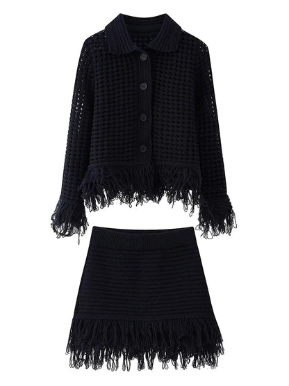 Vintage Women Knitted Hollow Out Tassel Mini Skirt Set Cardigan+Fringe Mini Skirt