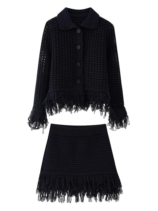 Vintage Women Knitted Hollow Out Tassel Mini Skirt Set Cardigan+Fringe Mini Skirt