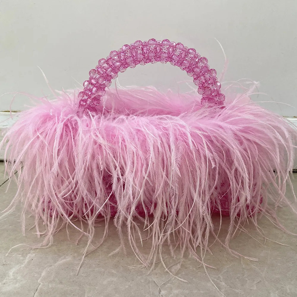 Pearl Bead Bag With Feather Fur Designer Brand Clear Acrylic Crystal Handbag Handmade