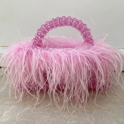 Pearl Bead Bag With Feather Fur Designer Brand Clear Acrylic Crystal Handbag Handmade