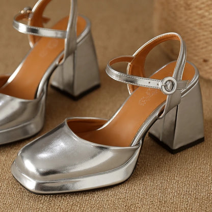Luxury Women's Sandals Summer Shoes Ankle Strap Gold Silver High Heels Close Toe Party Shoes
