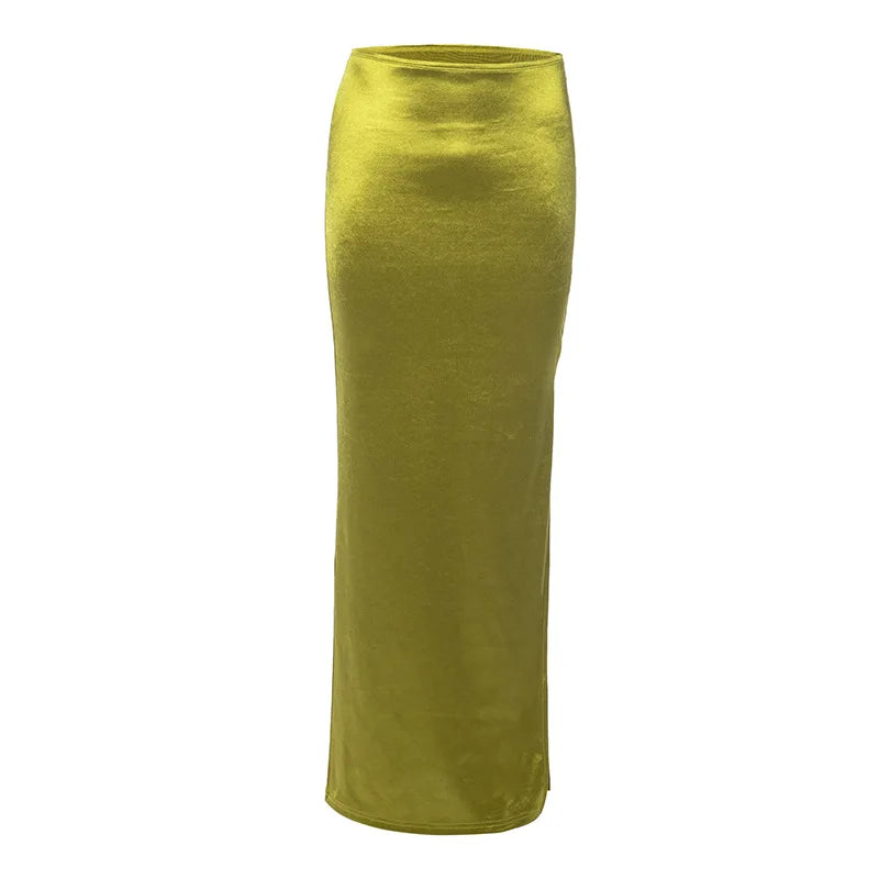 Shiny High Waist Hip Skirt Sexy Side Slit Bodycon Maxi Skirts Club Bottoms