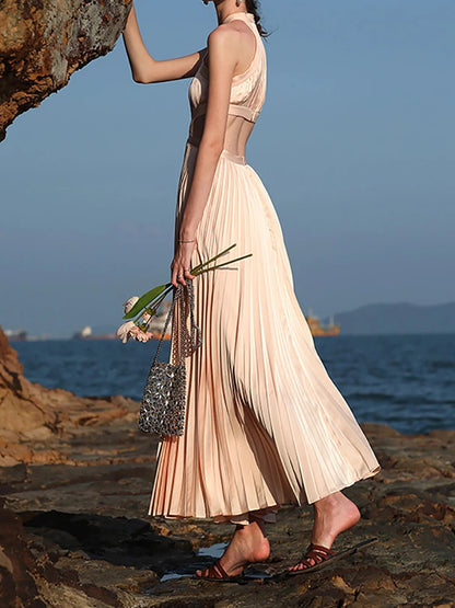 Sexy Halter Neck Cutout Pleated A-line Long Dress Pink Sleeveless Backless Party Dress