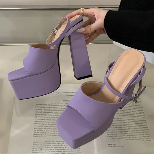 Chunky Platform Buckle Strap Sandals Women Square Toe Nightclub Party High Heels Shoes