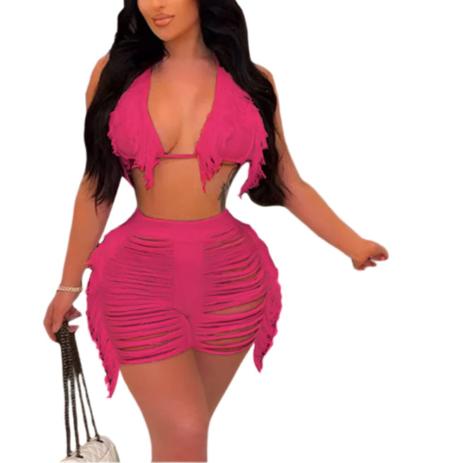 Women Fringe Tassel Bikini Shorts Set Hollow Out Jamaican Crochet Swimwear Summer Beach Knitted Cover Up Swimsuit