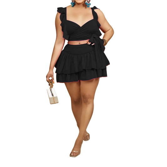 Sexy Crop Top and Skirt Sets Criss-Cross Wrap Chest Beach Style 2 Piece Set Ruffles Mini Skirt Set