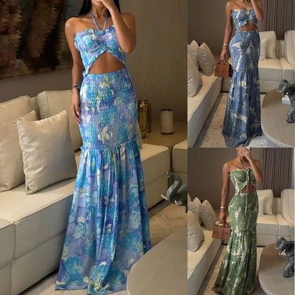 High Waist Hollow Dress Women Lace-Off Printed Sling Long Floor Maxi Dress