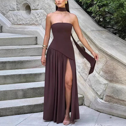 Elegant Strapless Scarf Neck Pleated Dress Woman Sexy Slim Solid Backless Evening Dress