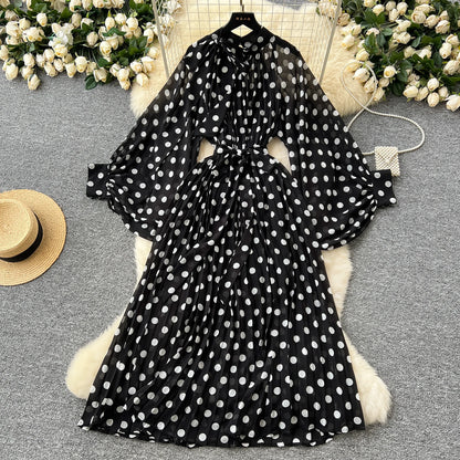 Women Elegant Long Flare Sleeves Vintage Bow neck Bow Loose Midi Dress
