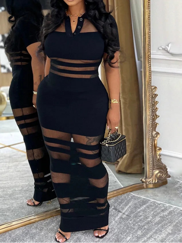 Women's See-Through Striped Sheer Polo Maxi Dress Sexy Turn-Down Collars Party Dress