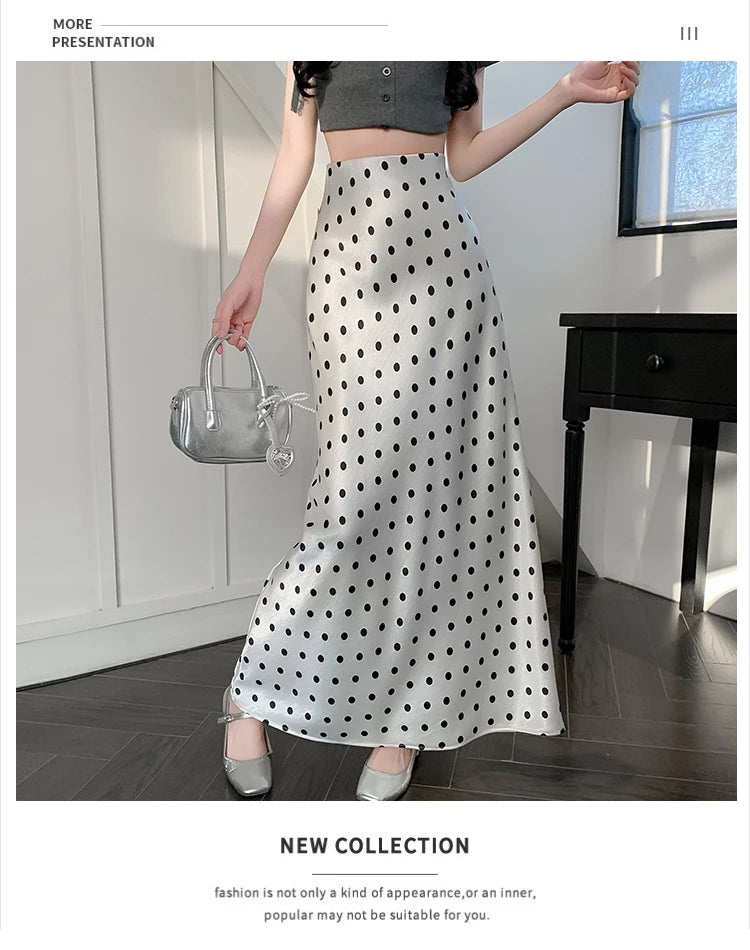 Polka Dot Satin Skirt Women's High Waist Versatile Elegant Dot Long Skirt