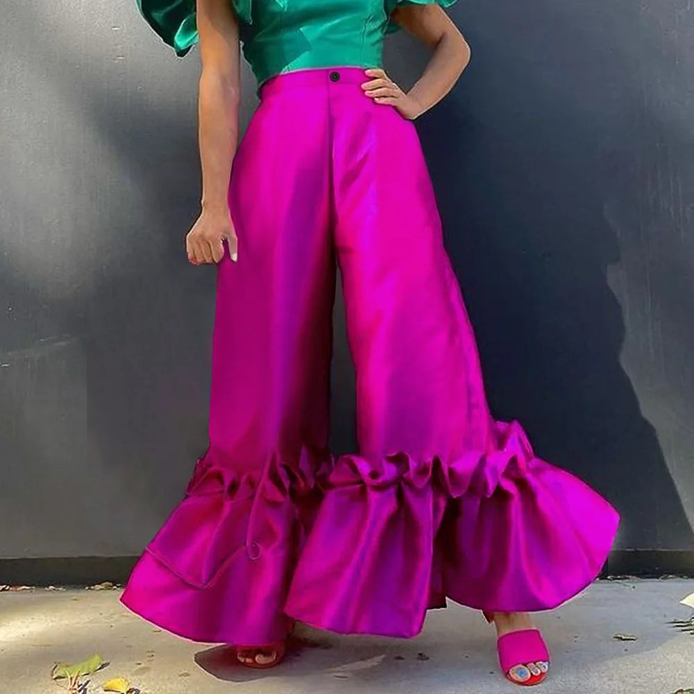 Women Pants High Waist Flare Pants Slim Fit Sexy Solid Ruffles Loose Casual Regular Wide Leg Long Trousers