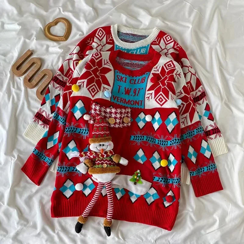 Christmas Style Pullover Sweater Women Y2K Crew Neck Couples Knit Sweater