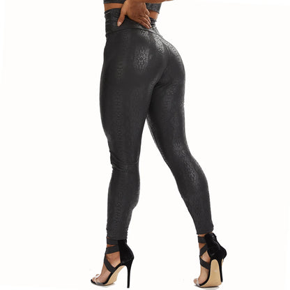 Leopard Faux Leather Pants Women High Waist PU Leggings Stretchy Slim Pencil Pants