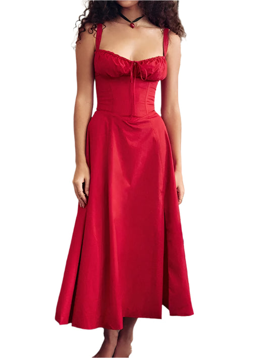 Elegant A Line Midi Dress Sexy Spaghetti Strap Lace Up Red Holiday Party Dresses Summer Dresses