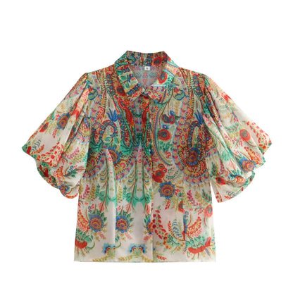 Women Vintage Totem Flower Print Pleated Puff Sleeve Blouse Breasted Shirt
