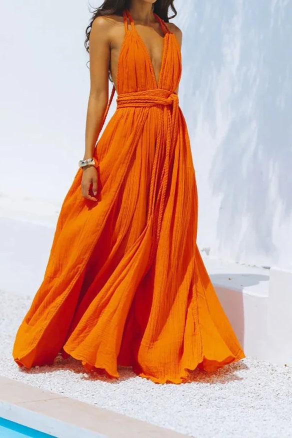 Backless Sexy V Neck Bohemian Long Dress Summer Maxi Sundress Vacation Outfit