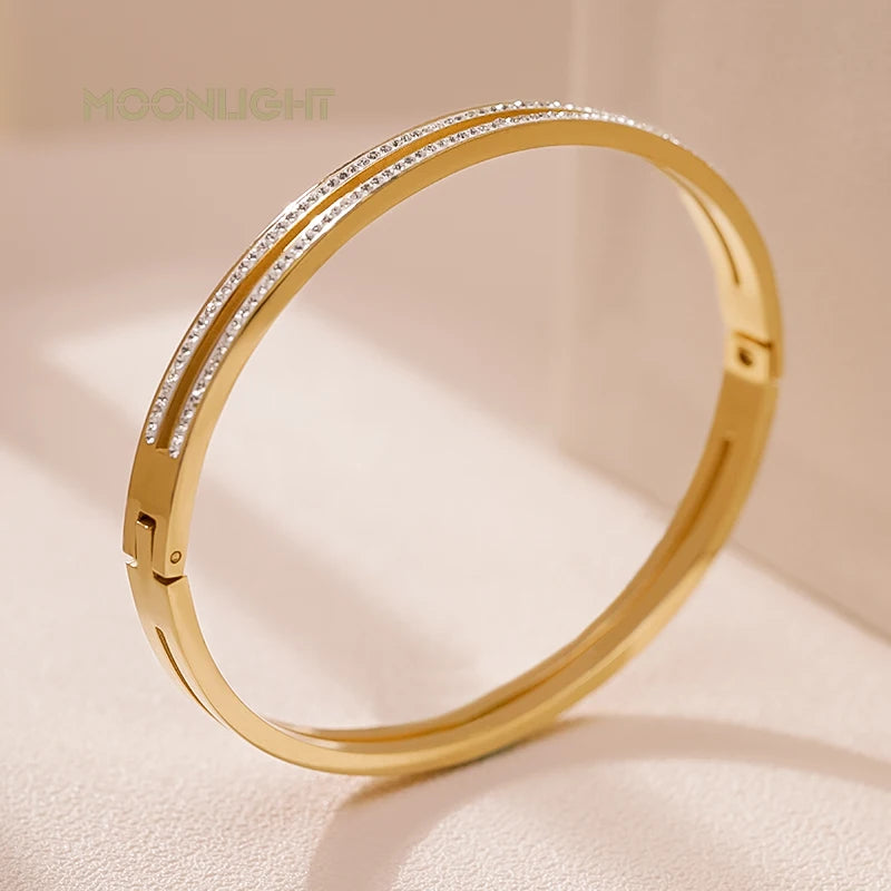 Trendy Titanium Steel Cubic Zirconia Cuff Bangles for Women