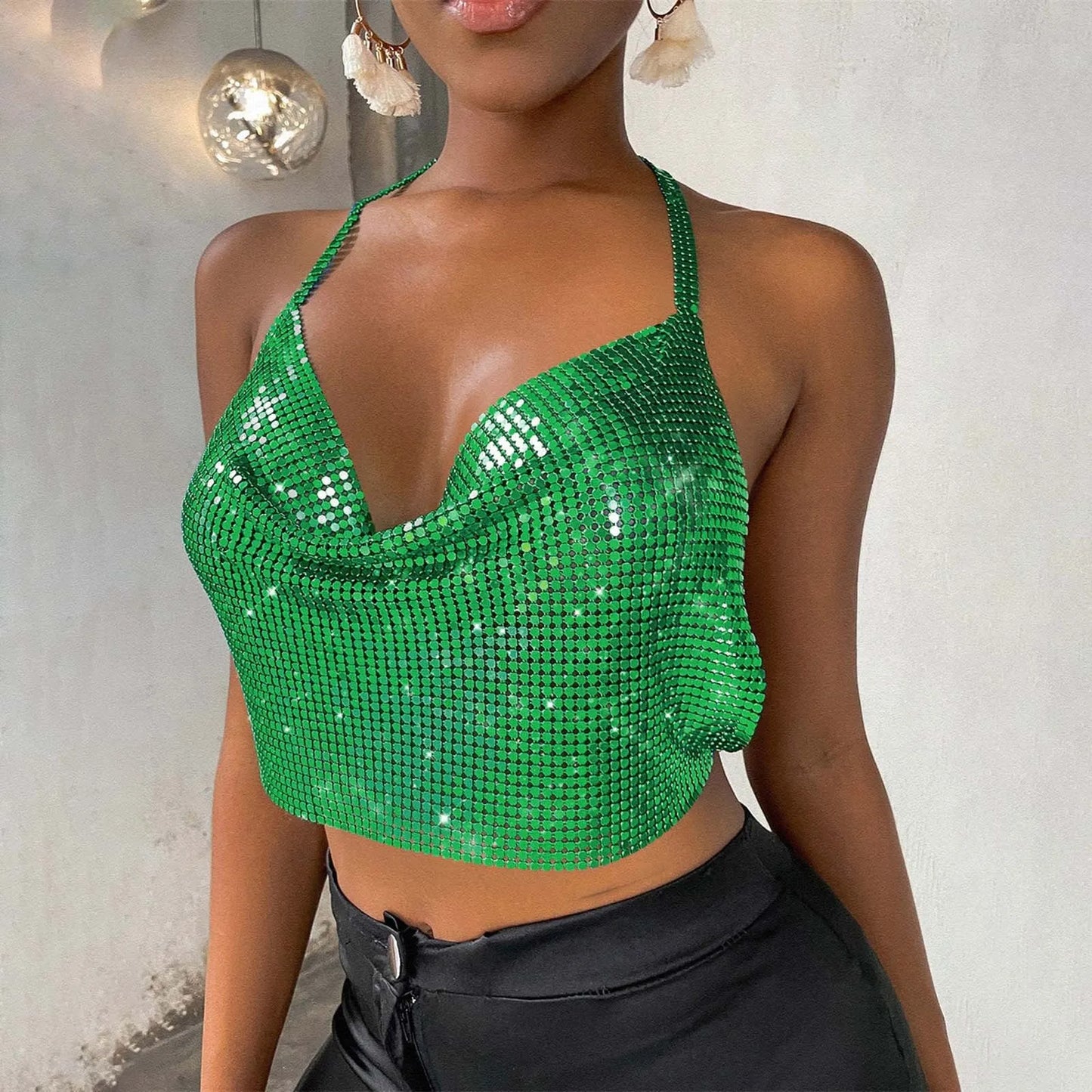 Sexy Sequins Metal Crop Tops Women Suspenders Halter Backless Night Club Tank Top
