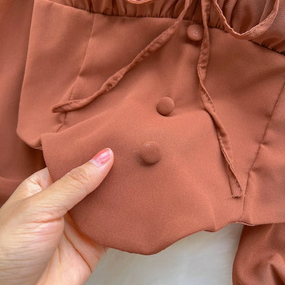 Flare Sleeve Women Top Ruffle Solid Elastic Waist Halter Backless Chiffon Blouse