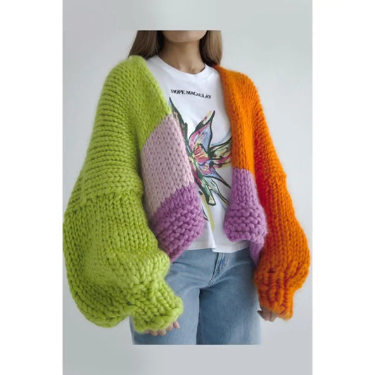Women's Multicolor Matching Sweater V-neck Cardigan Knitted Autumn Coat