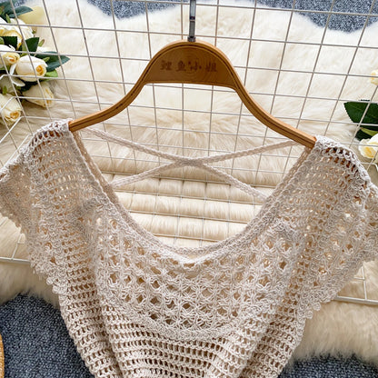 Bohemian Tassel Knit Tops Women Lace Up V Neck Elastic Summer Blouse Vacation Blouse