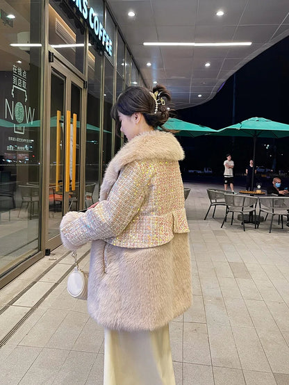 Winter Fur Coat Women Luxury Sequined Wool Faux Fur Long Jacket Fluffy Overcoat