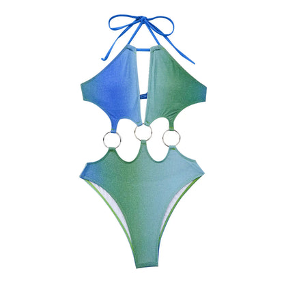 Women Swimsuit Sexy Snake Skin Printed Monokini Gradient Halter One Piece Swimsuit Swimwear