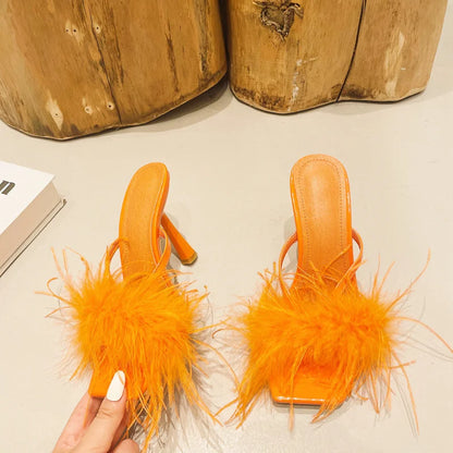 Fur Feather High Heels Slippers Sandals Women Summer Mules Ladies Shoes