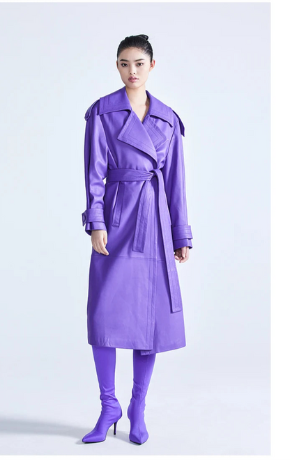 Elegant Purple Colored Faux Leather Trench Coat for Women Sashes Runway Coat