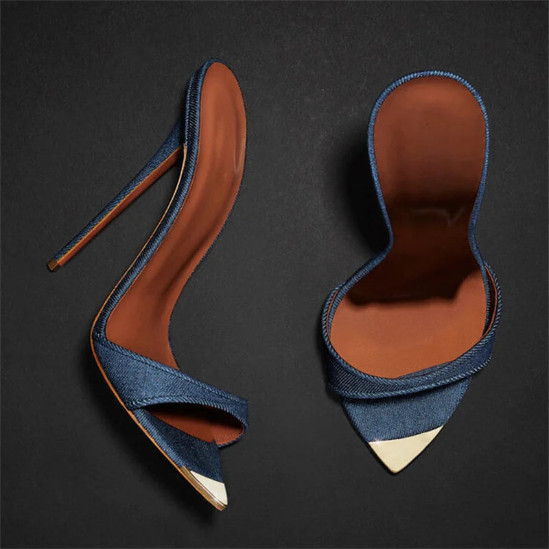 Denim Women Slippers Metal Decoration Pointed Toe Mules Shoes Super-high Heel Sandals
